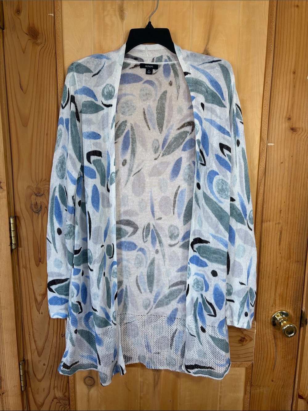 Alfani Open-Front Blue and Gray Leaf-Print Cardigan